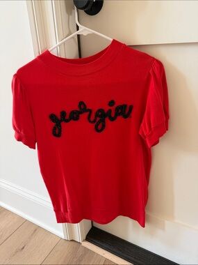 Red Short-Sleeve Tee with Script Appliqué